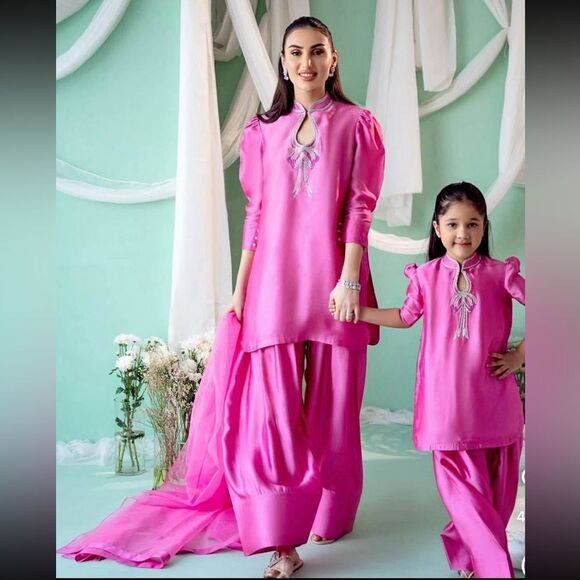 FARSHI SHALWAR KAMEEZ BOW DETAIL RHINESTONE PAKISTANI DRESS 3 PIECE ROMI APPAREL - Picture 1 of 6